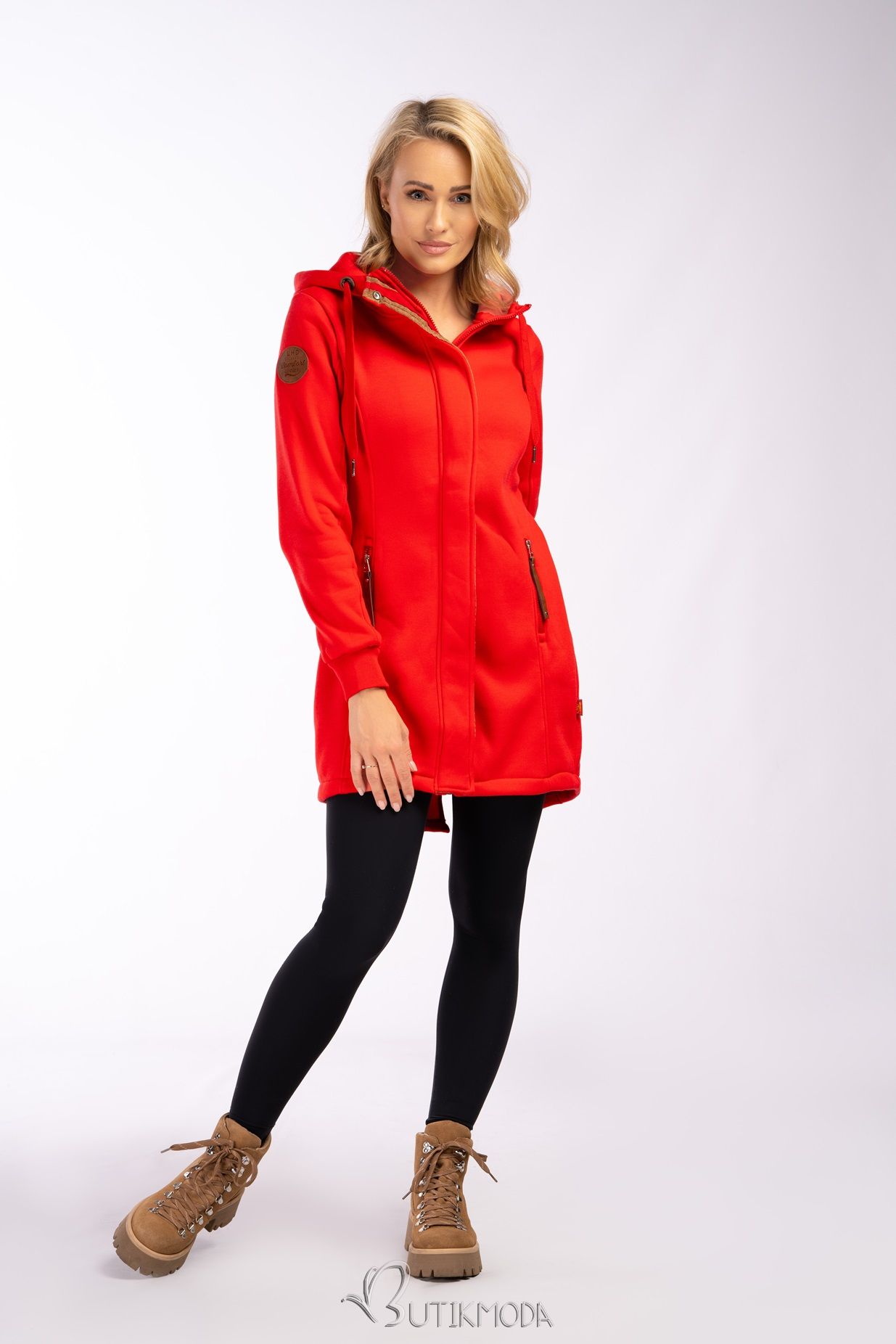 Red elongated sweatshirt jacket