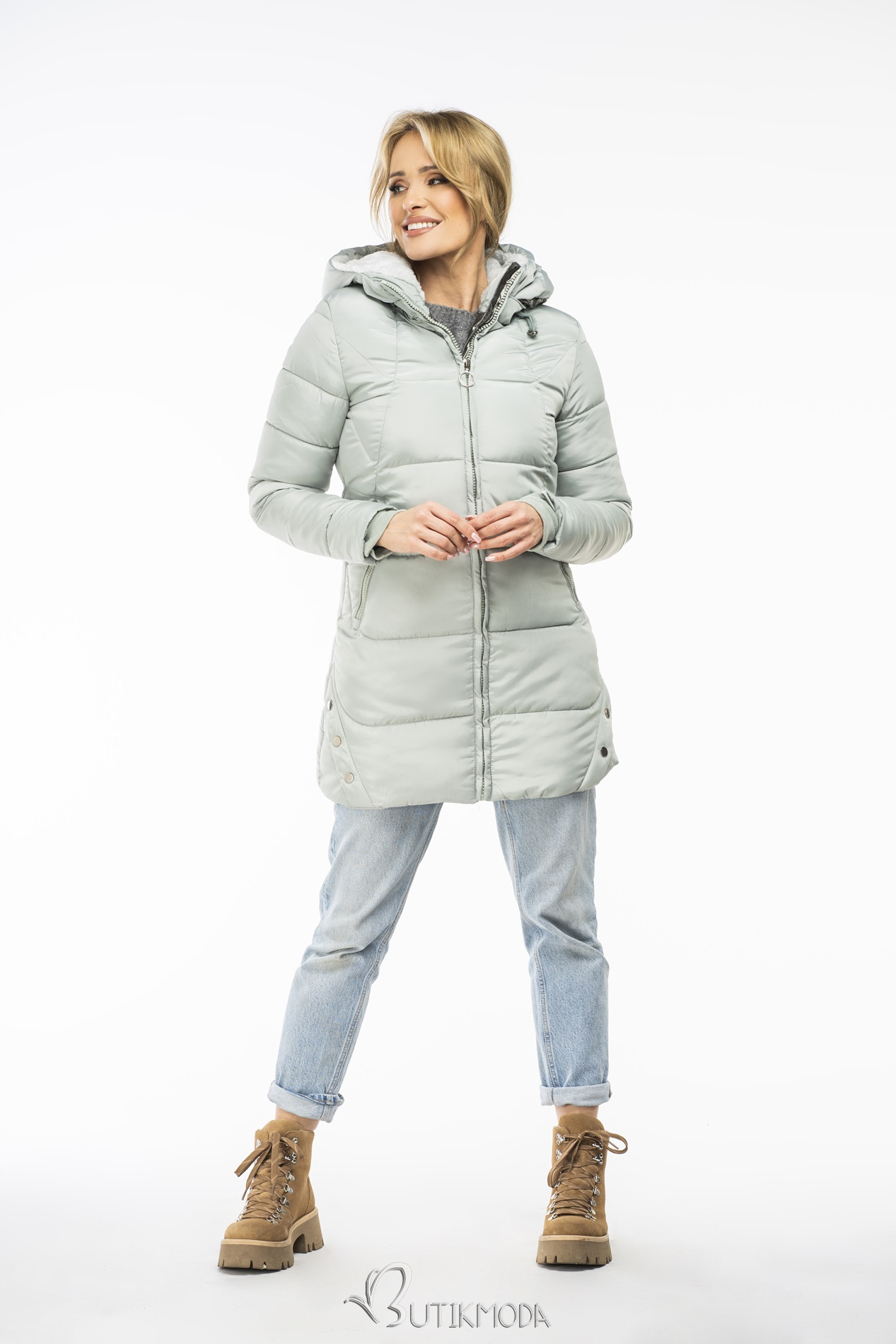 Jade padded winter jacket with silver hem