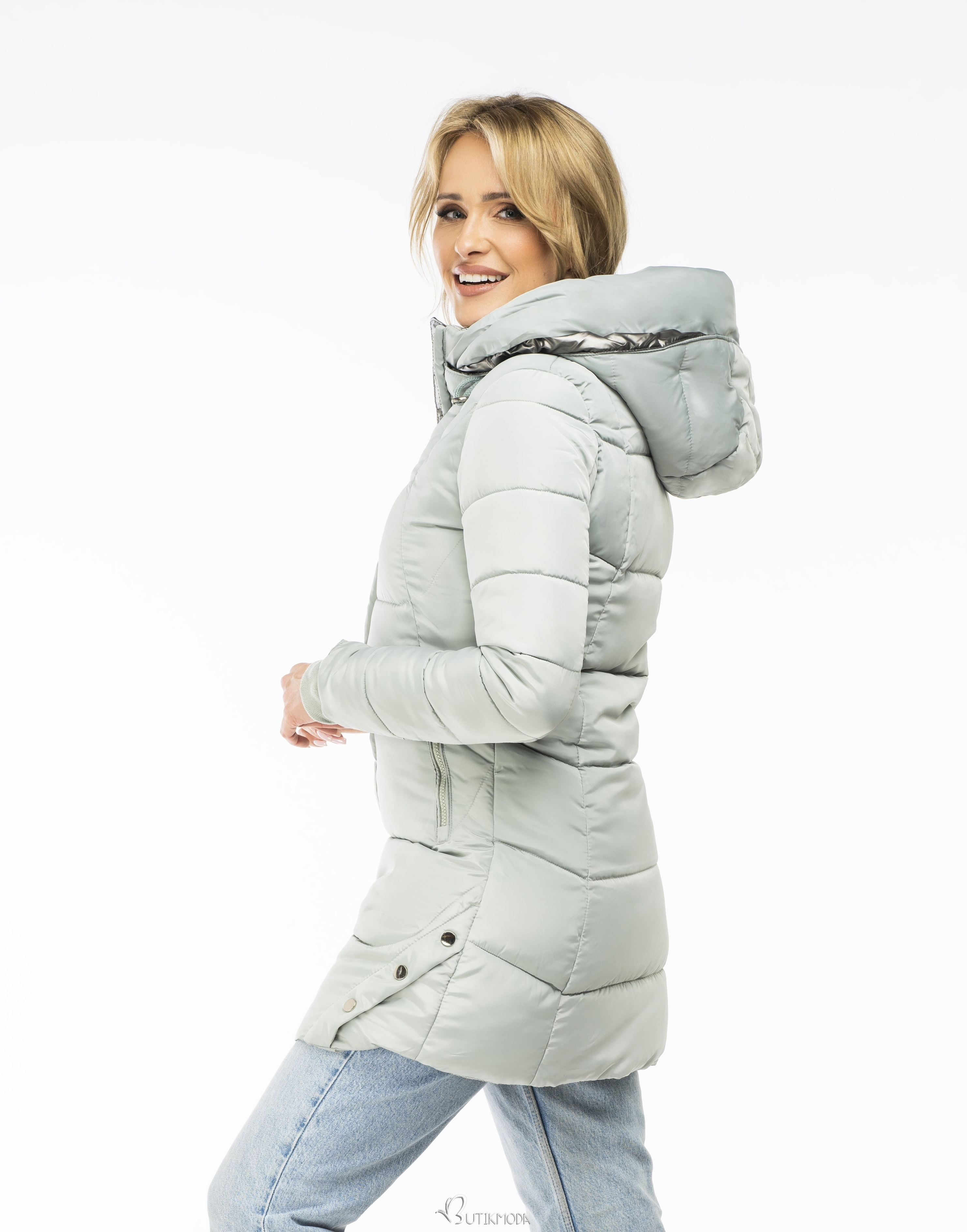 Dark blue padded winter jacket with silver hem