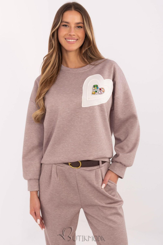 Beige Women's Sweatshirt with Decorative Heart