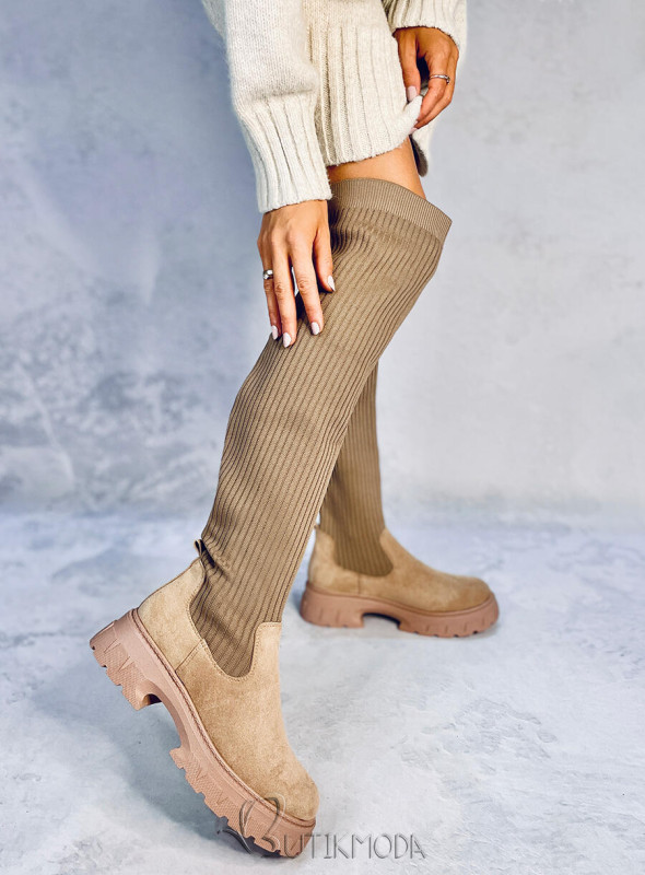 Beige high boots with elastic upper
