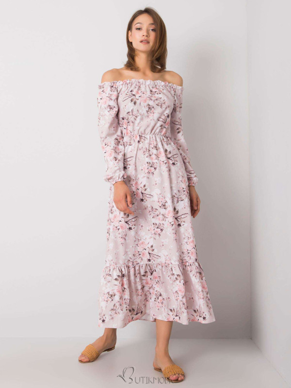 RUE PARIS Pink Floral Maxi Dress with Off-Shoulder Cut