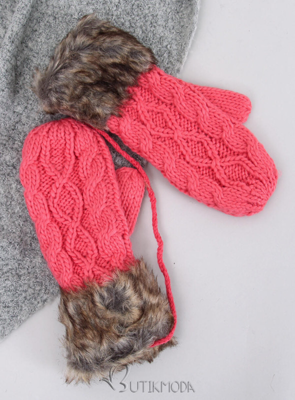 Raspberry mittens with knitted pattern