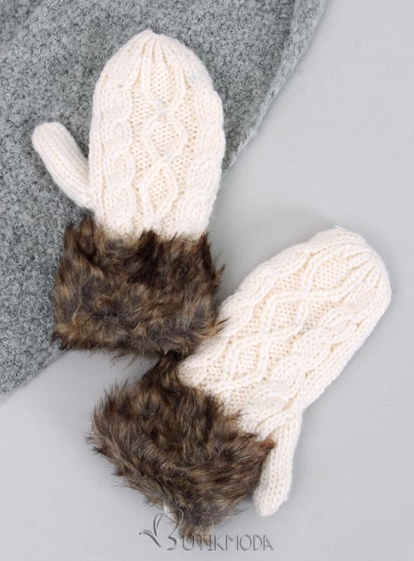 Ecru mittens with knitted pattern