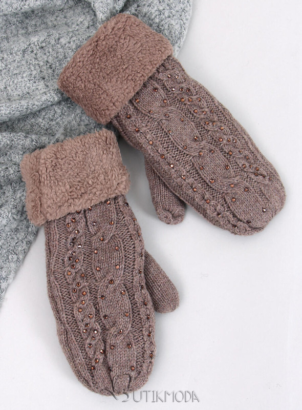 Decorated women's gloves-mittens mocca