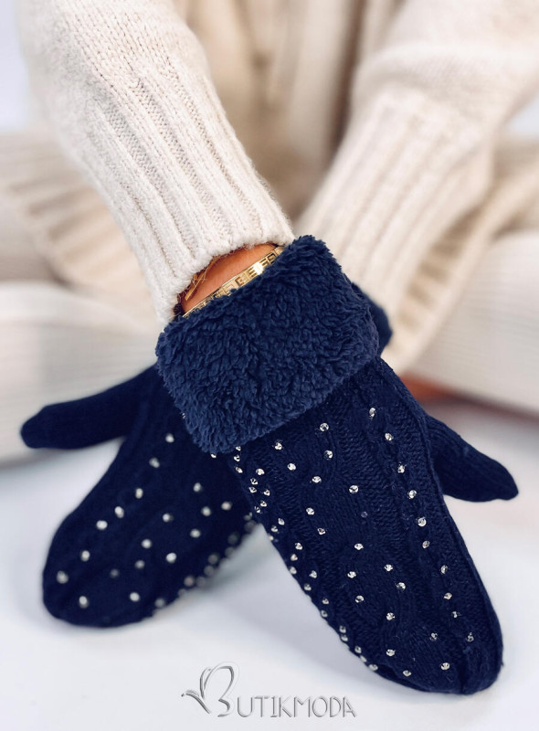 Decorated women's gloves-mittens dark blue