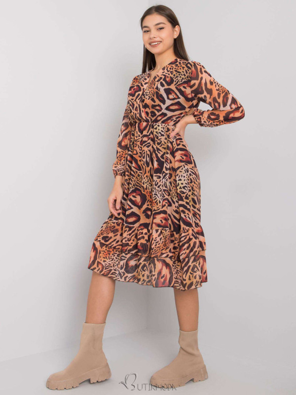 Light Brown Patterned Dress with Ruffle