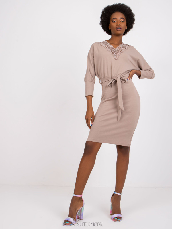 Beige Midi Dress with 3/4 Sleeves