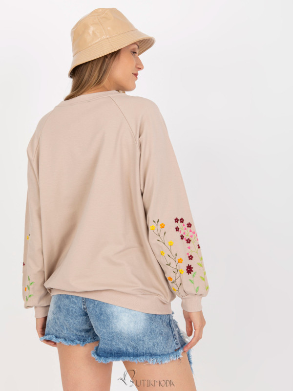 Beige Hoodie Without Hood with Embroidery on Sleeves RUE PARIS