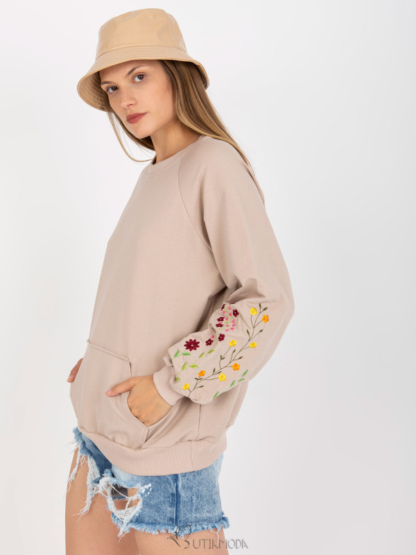 Beige Hoodie Without Hood with Embroidery on Sleeves RUE PARIS