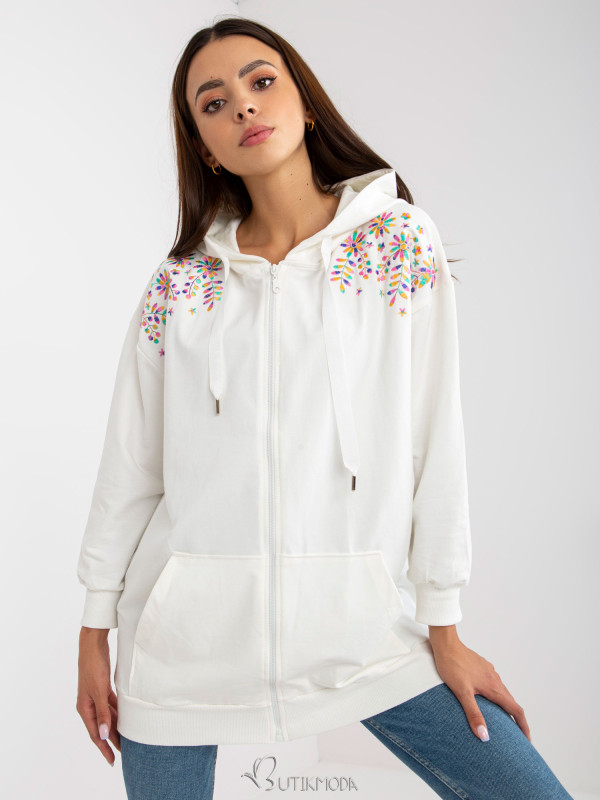 Ecru Long Zip-Up Oversized Hoodie with Embroidery RUE PARIS