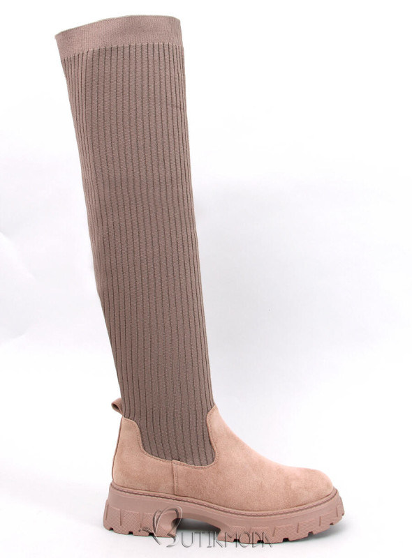 Beige high boots with elastic upper