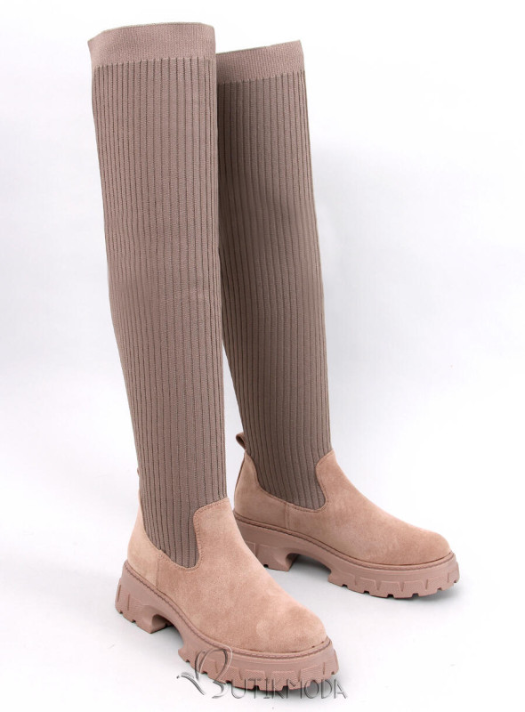 Beige high boots with elastic upper