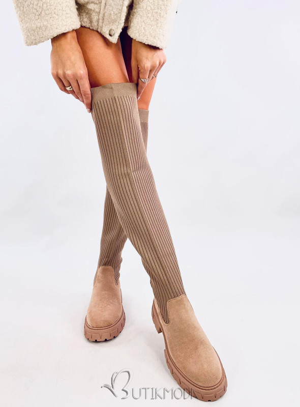 Beige high boots with elastic upper