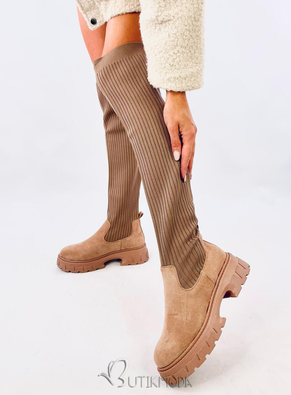 Beige high boots with elastic upper