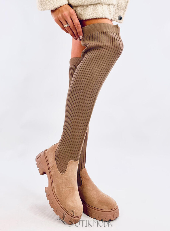 Beige high boots with elastic upper