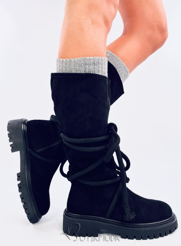 Black suede boots with laces