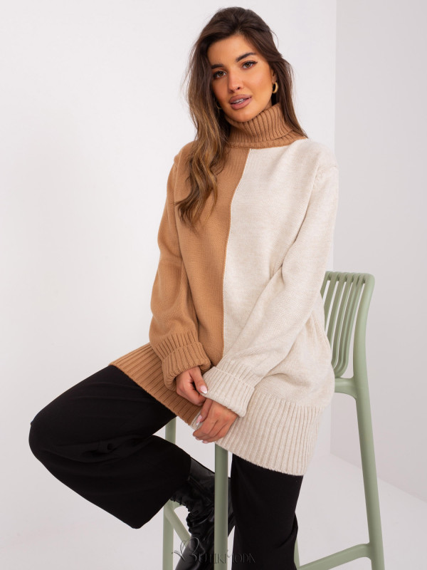 Camel and Beige Two-Tone Sweater with Turtleneck