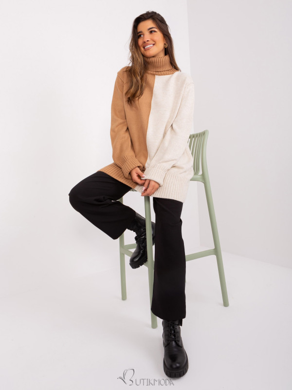 Camel and Beige Two-Tone Sweater with Turtleneck