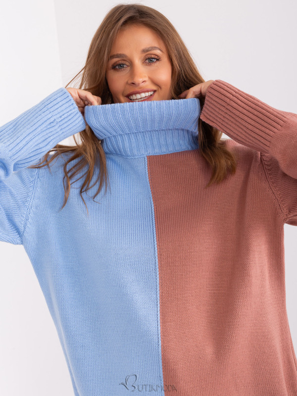 Two-tone Sweater with Turtleneck in Blue-Pink Combination