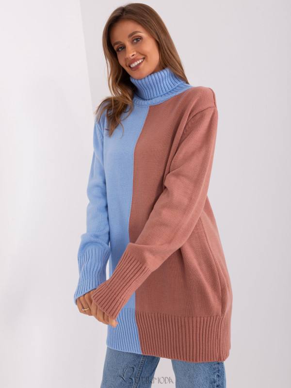 Two-tone Sweater with Turtleneck in Blue-Pink Combination