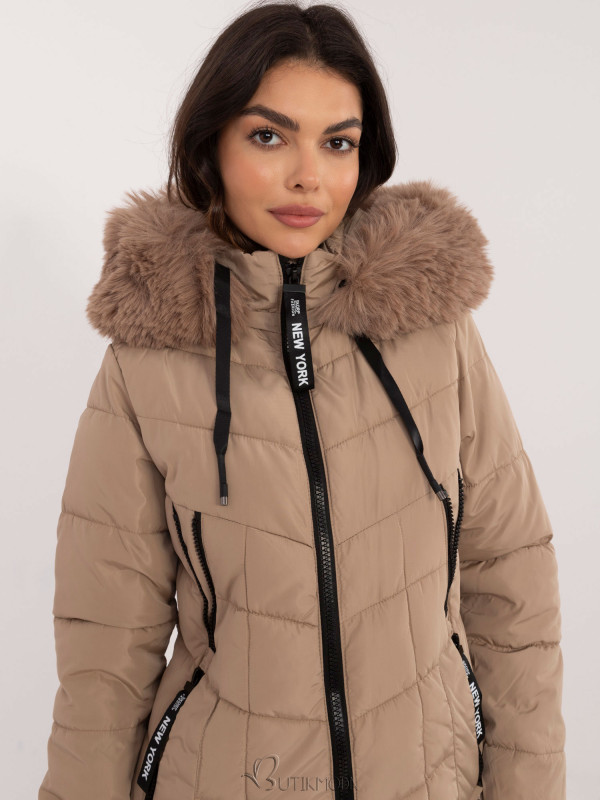 Beige Winter Jacket with Detachable Hood