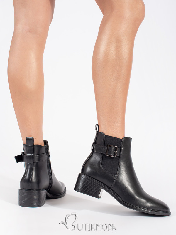 Black Women's Ankle Boots with Buckle and Heel