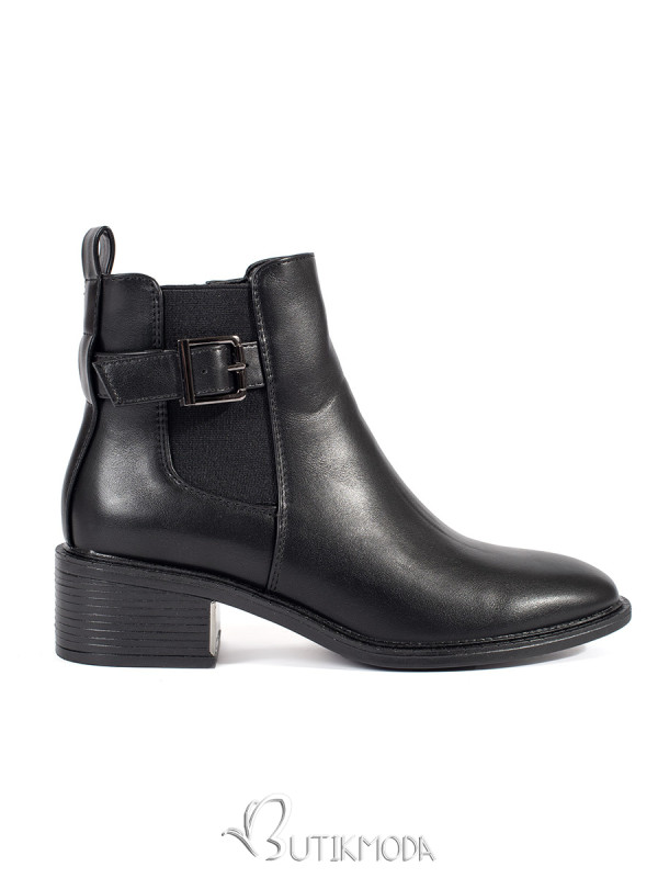 Black Women's Ankle Boots with Buckle and Heel