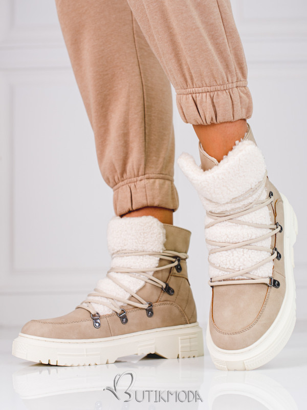 Beige Women's Snow Boots with Sheepskin