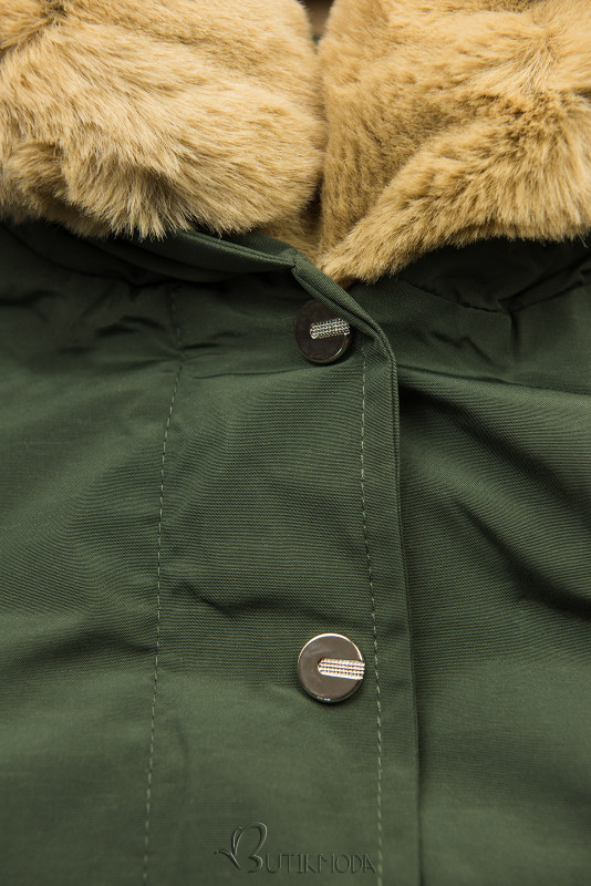 Khaki-beige parka jacket with faux fur lining