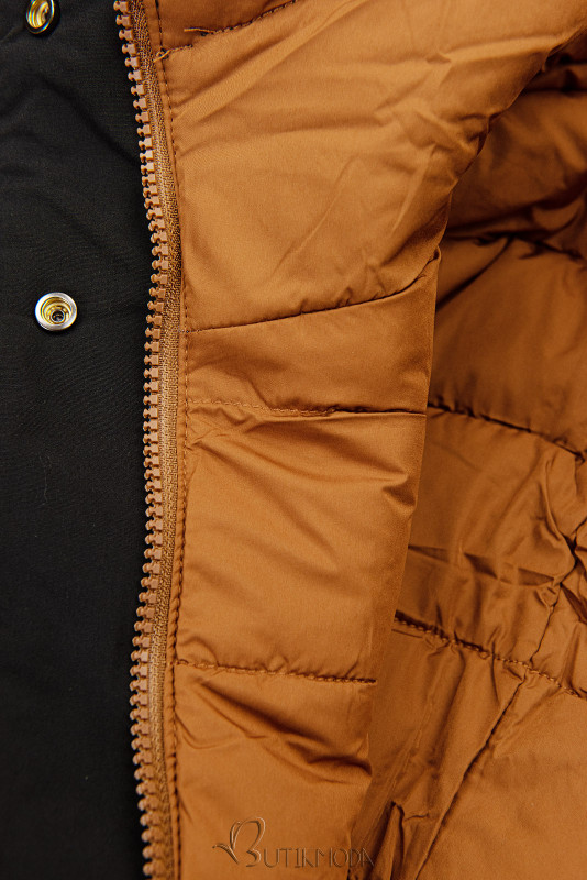 Reversible winter jacket with black/caramel faux fur