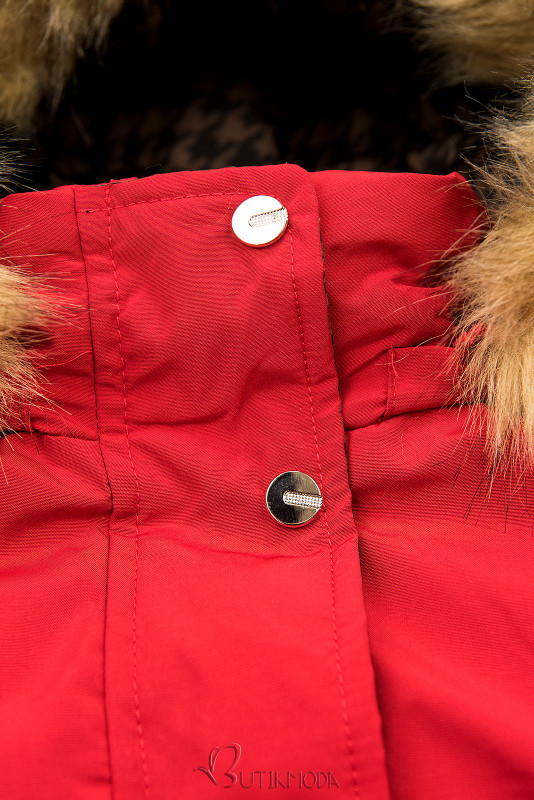 Red reversible winter parka with faux fur trim