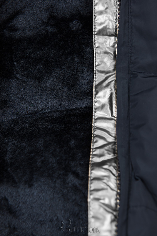 Dark blue padded winter jacket with silver hem