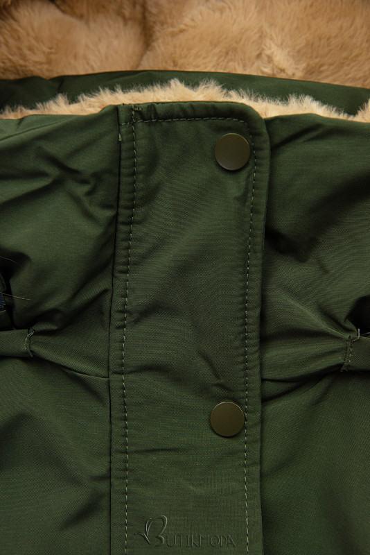 Army green parka for winter with beige faux fur lining