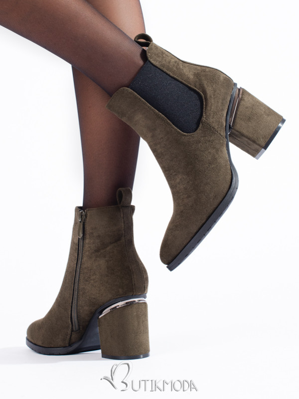 Dark Green Suede Ankle Boots with Block Heel Vinceza