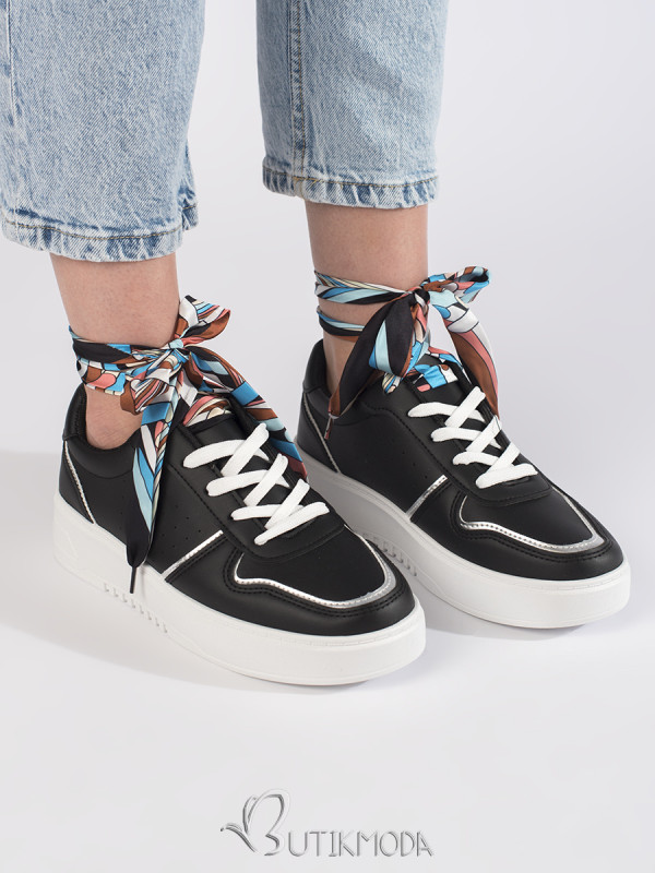 Black Women's Sneakers with Ribbon Lacing