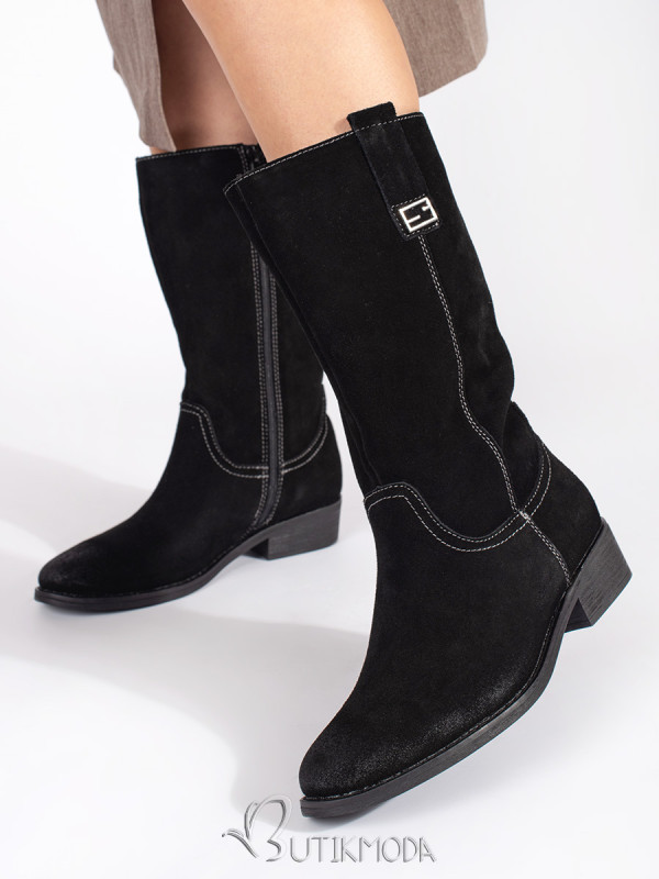 Black Leather Women's Cowboy Style Boots with Heel