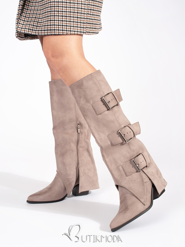 Beige Suede Knee-High Block Heel Boots with Buckles