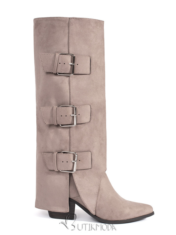 Beige Suede Knee-High Block Heel Boots with Buckles