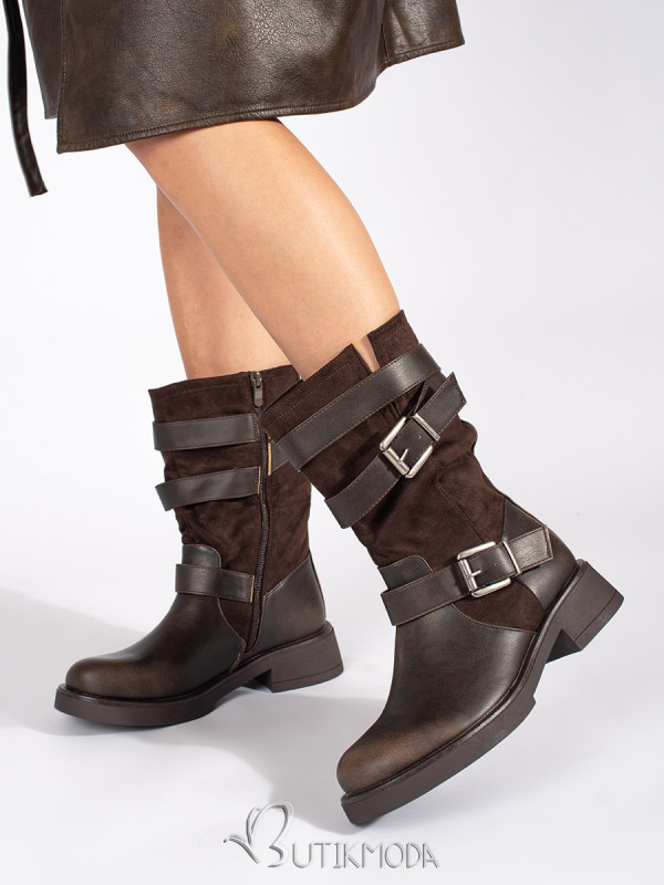 Brown Women's Ankle Boots with Low Heel and Buckles