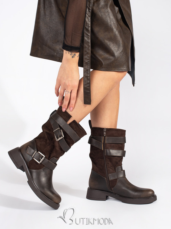 Brown Women's Ankle Boots with Low Heel and Buckles