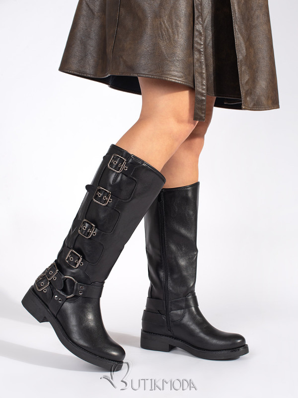 Black Knee-High Boots with Low Heel and Buckles