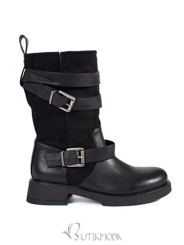 Black Women's Ankle Boots with Low Heel and Buckles