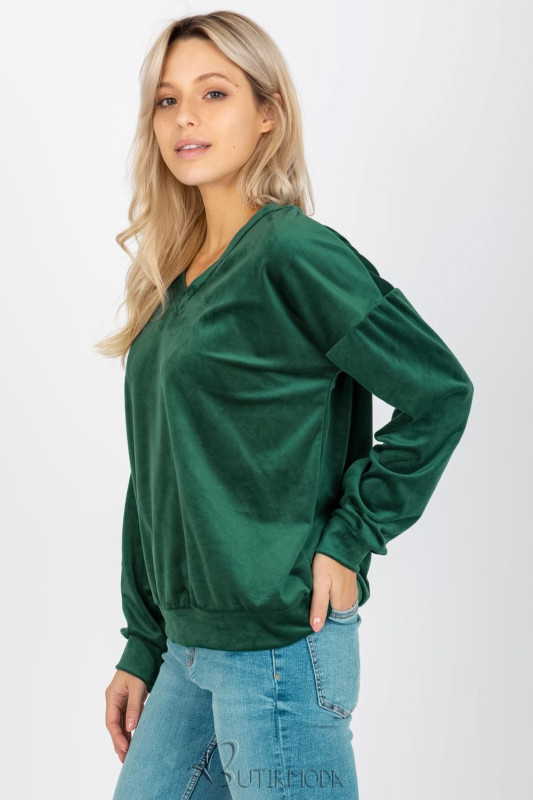 Women's Velour Sweatshirt with V-Neck in Dark Green