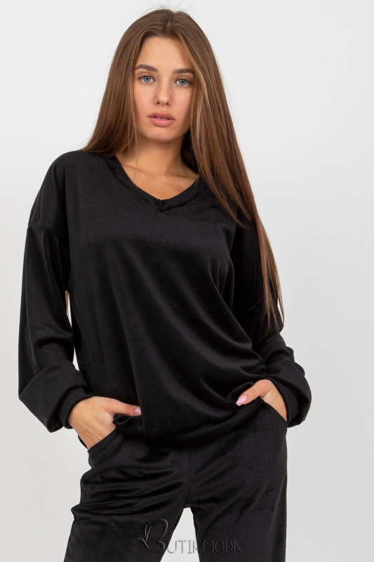 Elegant Black Velour Pullover with V-Neck