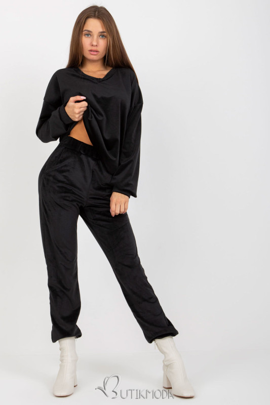 Elegant Black Velour Pullover with V-Neck