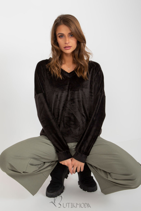 Elegant Black Velour Pullover with V-Neck