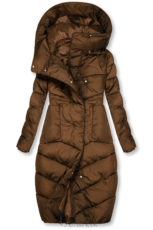 Brown winter jacket with a high collar