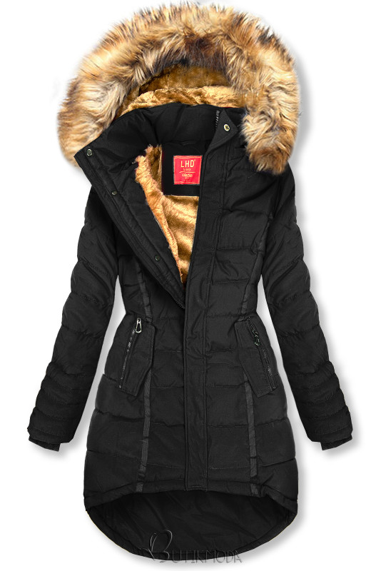 Black quilted winter jacket with the hood