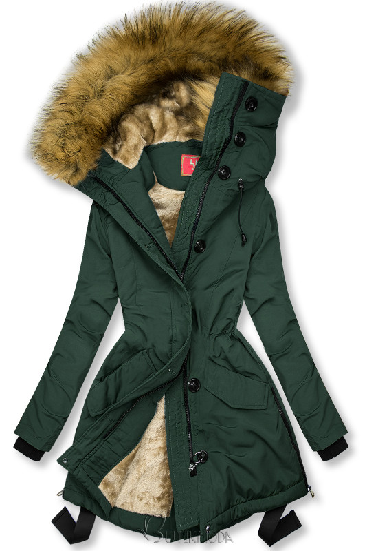 Dark green winter jacket with a stand-up collar
